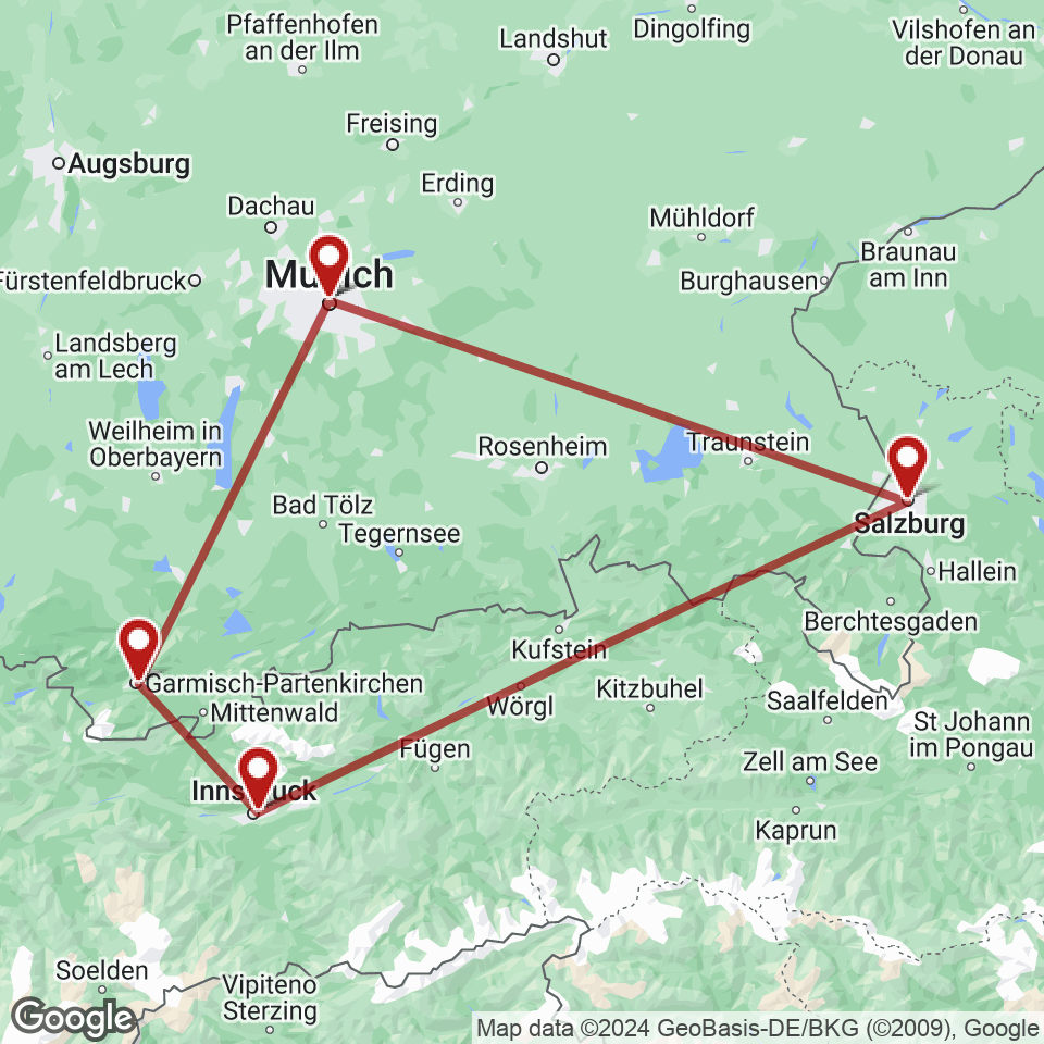 Route for Munich, Garmisch-Partenkirchen, Innsbruck, Salzburg, Munich tour